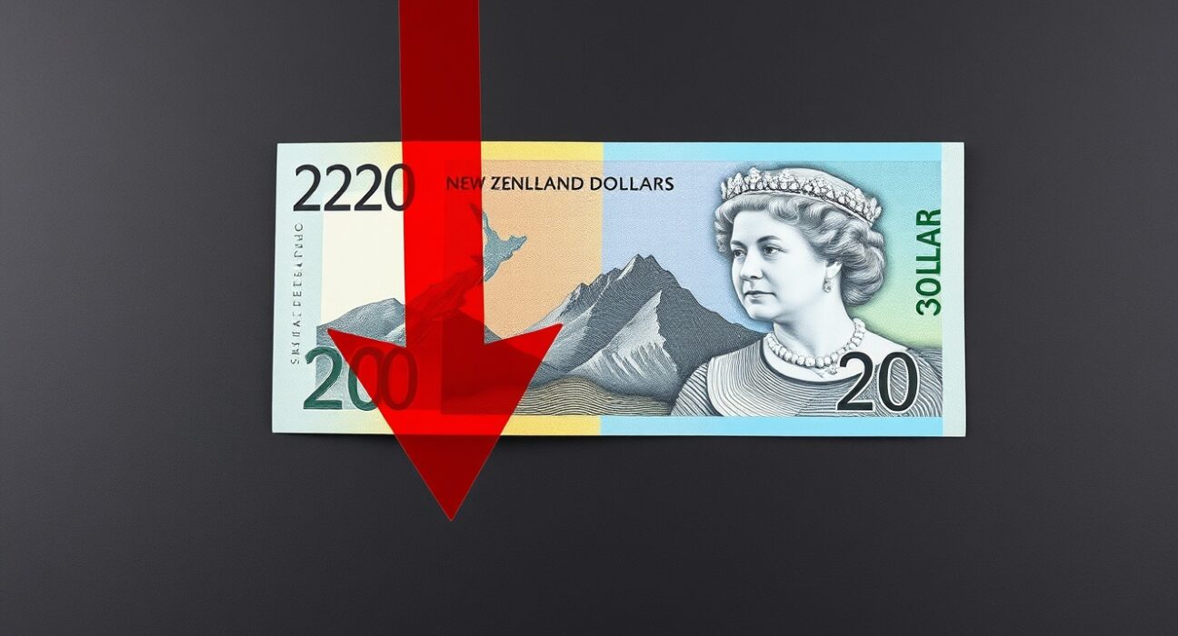 New Zealand Dollar banknote with a red downward arrow indicating currency depreciation.