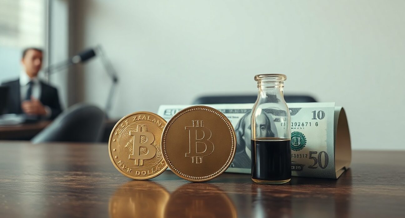 New Zealand Dollar coin and US Dollar bill with oil vial, symbolizing currency pressure