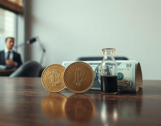New Zealand Dollar coin and US Dollar bill with oil vial, symbolizing currency pressure