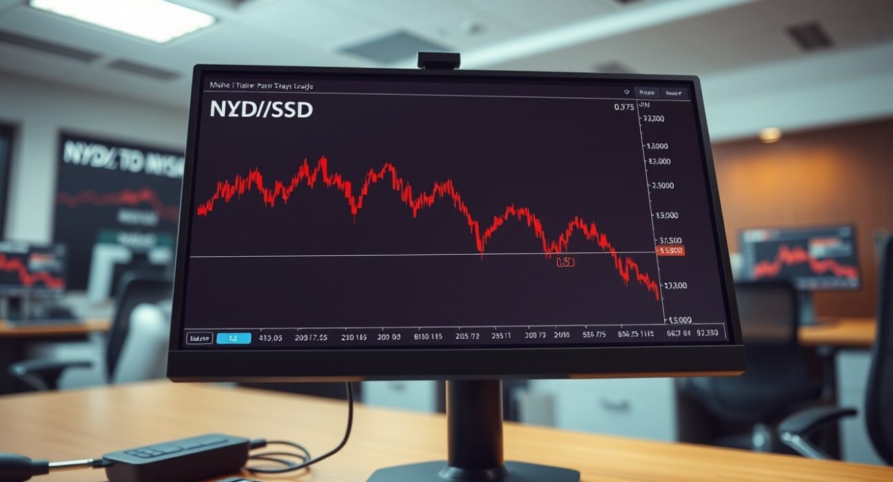 NZD/USD currency pair chart falling below 0.5750 on a financial terminal, illustrating market risk aversion.