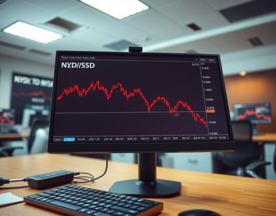 NZD/USD currency pair chart falling below 0.5750 on a financial terminal, illustrating market risk aversion.