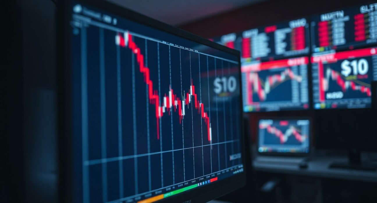 A forex trading chart on a monitor shows a decline in the NZD/USD currency pair.