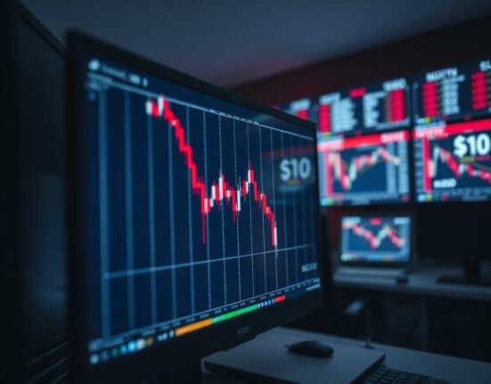 A forex trading chart on a monitor shows a decline in the NZD/USD currency pair.