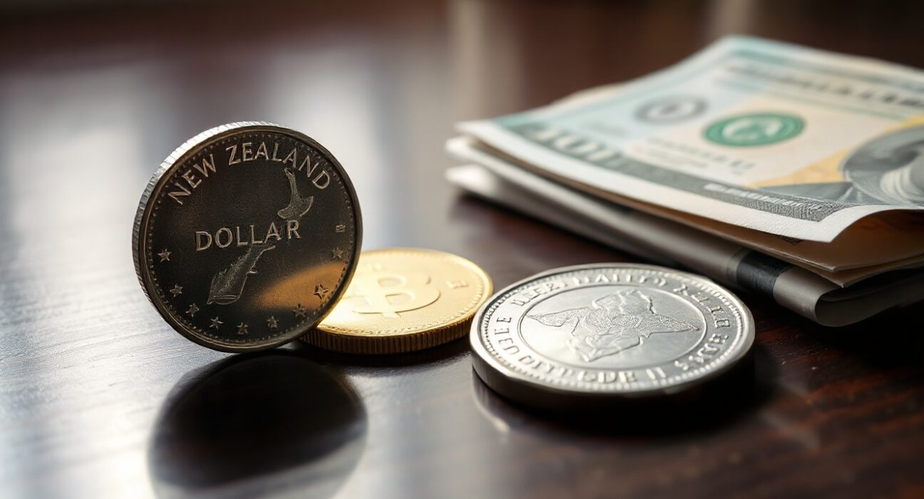 New Zealand Dollar coin and US Dollar bill on a dark wooden surface, representing NZD/USD currency exchange and market movement.