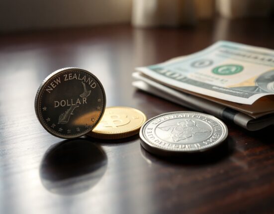 New Zealand Dollar coin and US Dollar bill on a dark wooden surface, representing NZD/USD currency exchange and market movement.