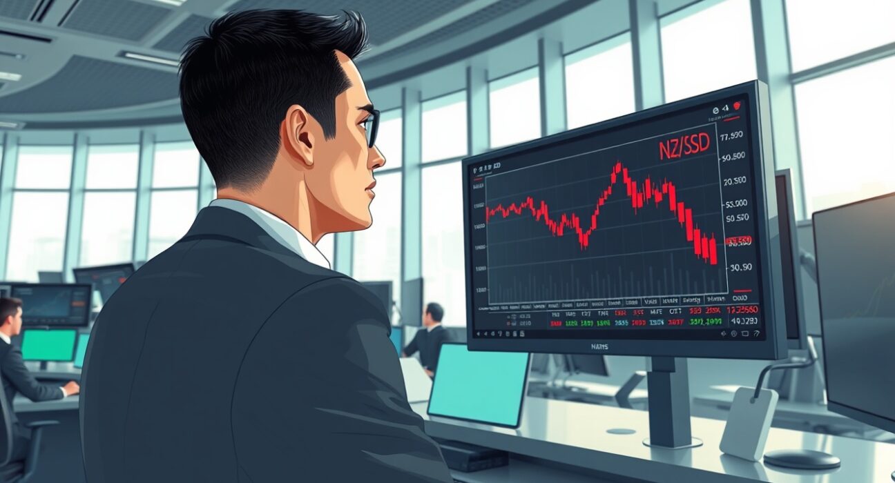 Trader analyzing NZD/USD currency pair decline on financial market screens.