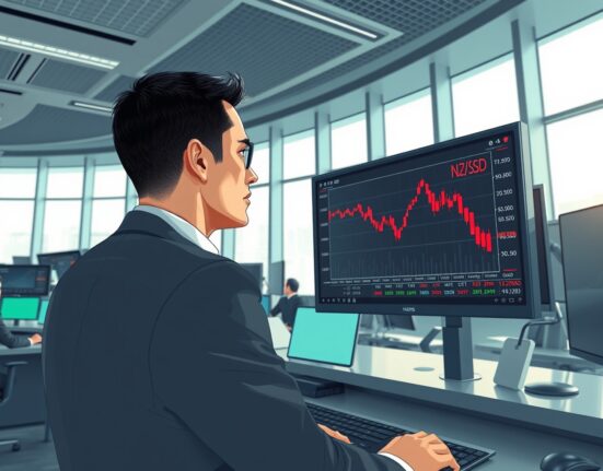 Trader analyzing NZD/USD currency pair decline on financial market screens.