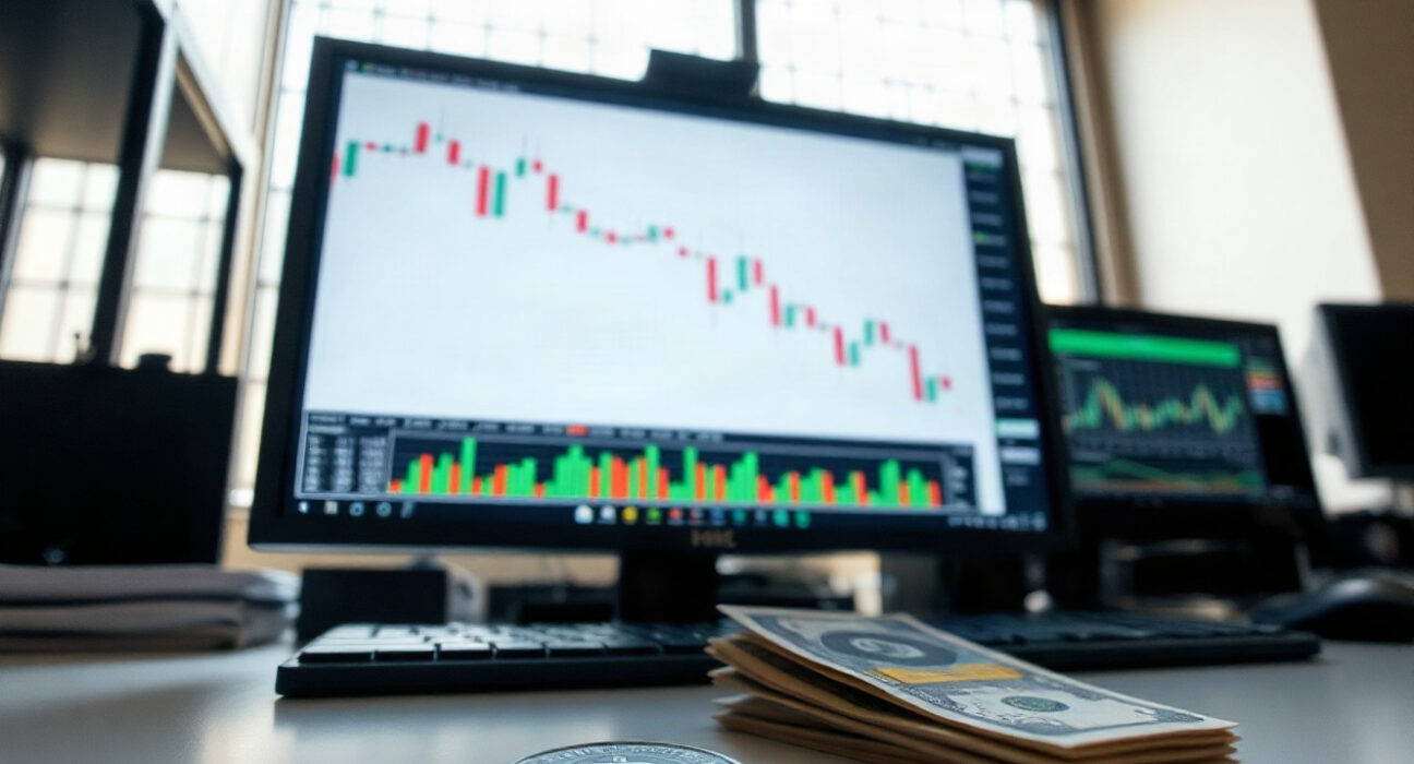 Forex trading desk with NZD/USD chart showing downward trend