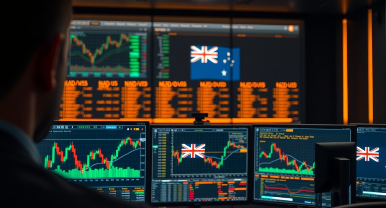 Forex trading monitors displaying NZD/USD price charts in a dimly lit trading room