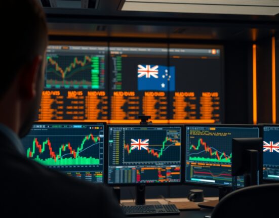 Forex trading monitors displaying NZD/USD price charts in a dimly lit trading room