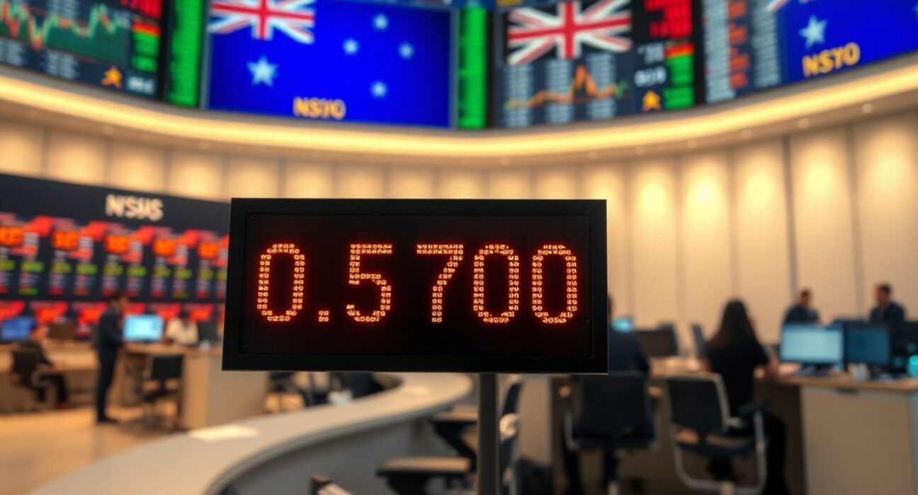 NZD/USD exchange rate display at 0.5700 on a financial market board