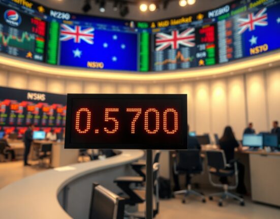 NZD/USD exchange rate display at 0.5700 on a financial market board