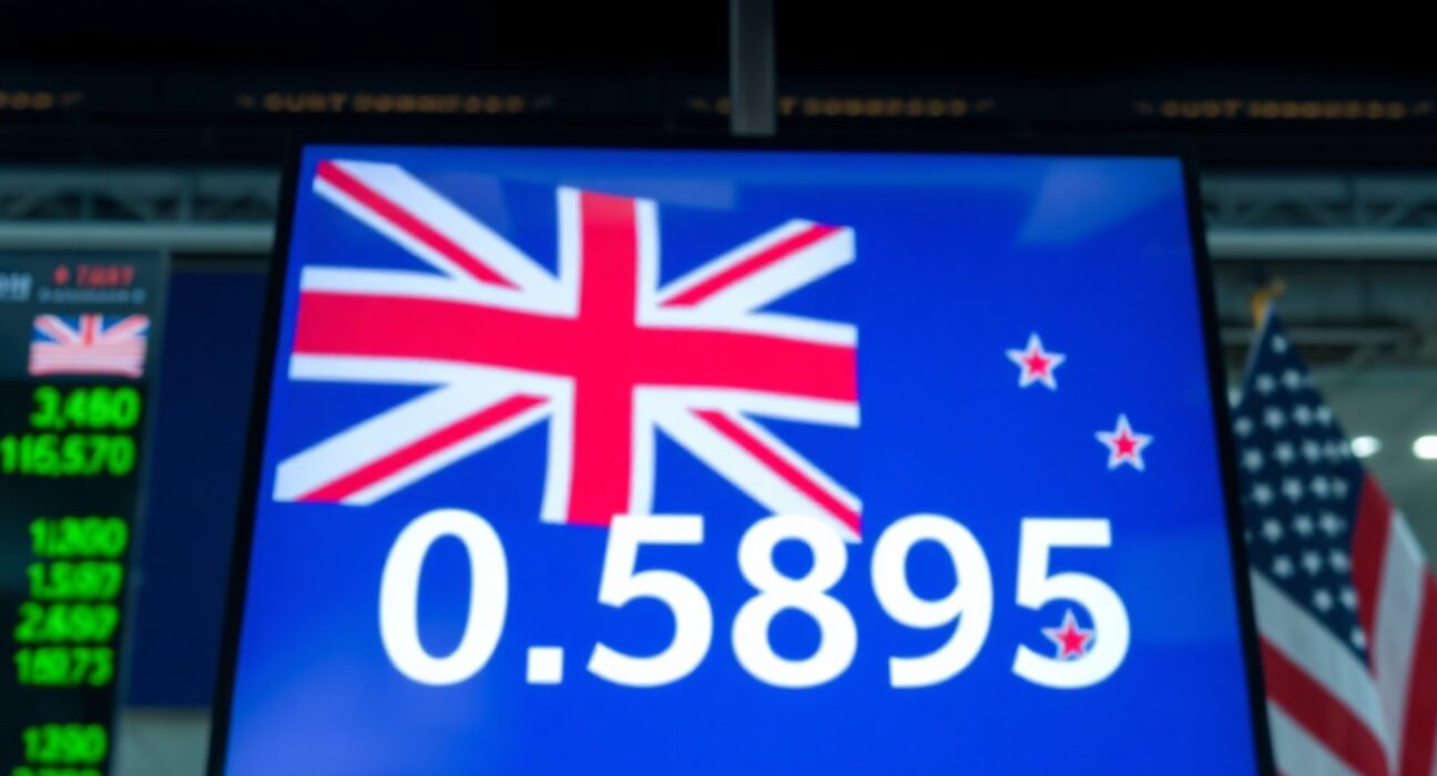 NZD/USD exchange rate display on a trading screen with US and New Zealand flags in background