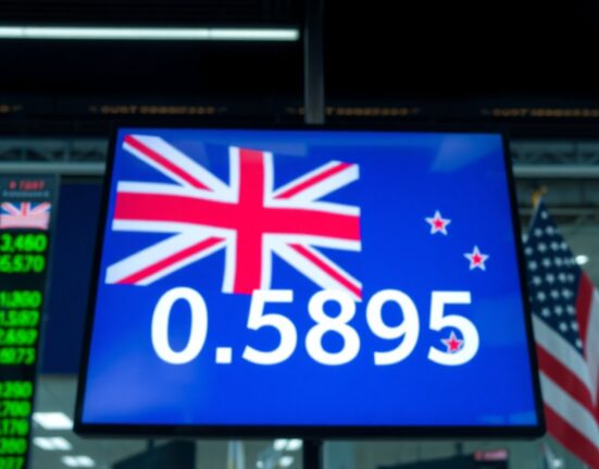 NZD/USD exchange rate display on a trading screen with US and New Zealand flags in background