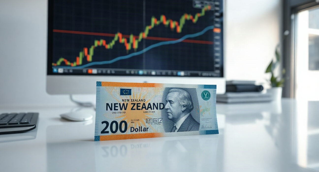 New Zealand Dollar banknote and forex chart on a desk, representing NZD/USD trading ahead of RBNZ decision