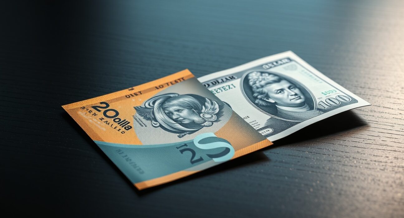 New Zealand Dollar and US Dollar banknotes on a dark surface