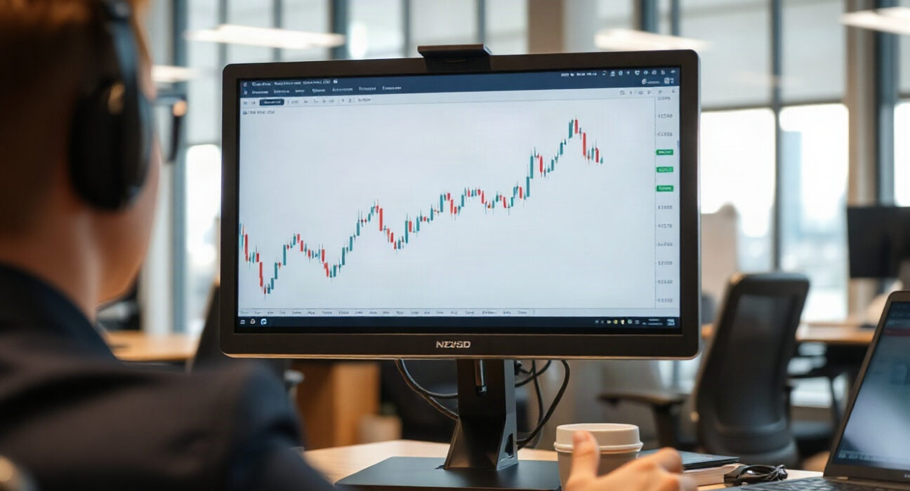 Analyst reviewing NZD/USD currency chart on a monitor in a trading office