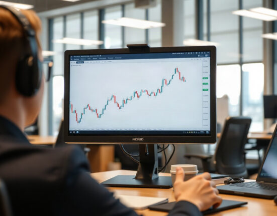 Analyst reviewing NZD/USD currency chart on a monitor in a trading office