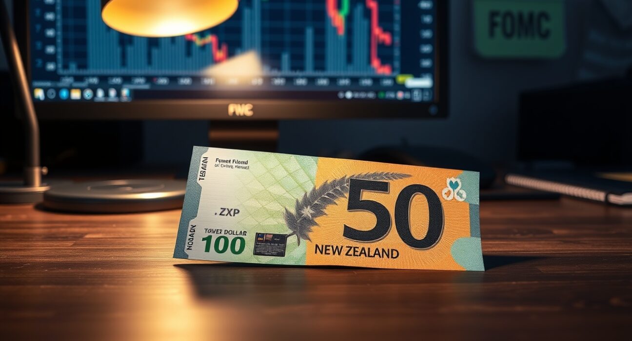 New Zealand Dollar banknote on desk with financial chart and FOMC calendar in background