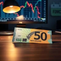 New Zealand Dollar banknote on desk with financial chart and FOMC calendar in background