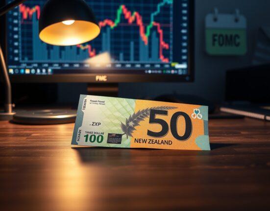 New Zealand Dollar banknote on desk with financial chart and FOMC calendar in background