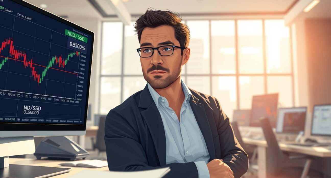 Trader analyzing NZD/USD currency pair chart amid geopolitical uncertainty.