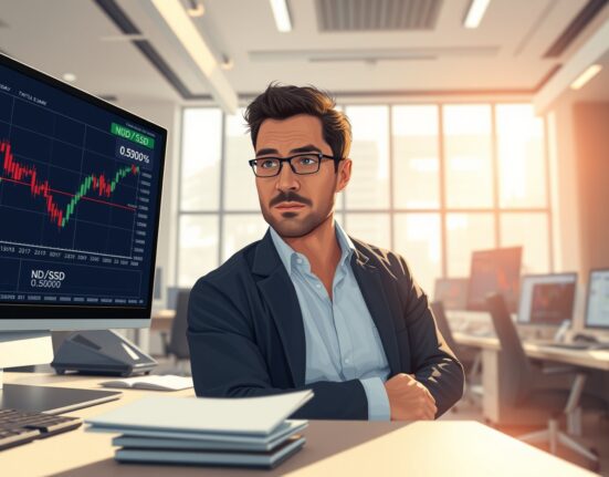 Trader analyzing NZD/USD currency pair chart amid geopolitical uncertainty.