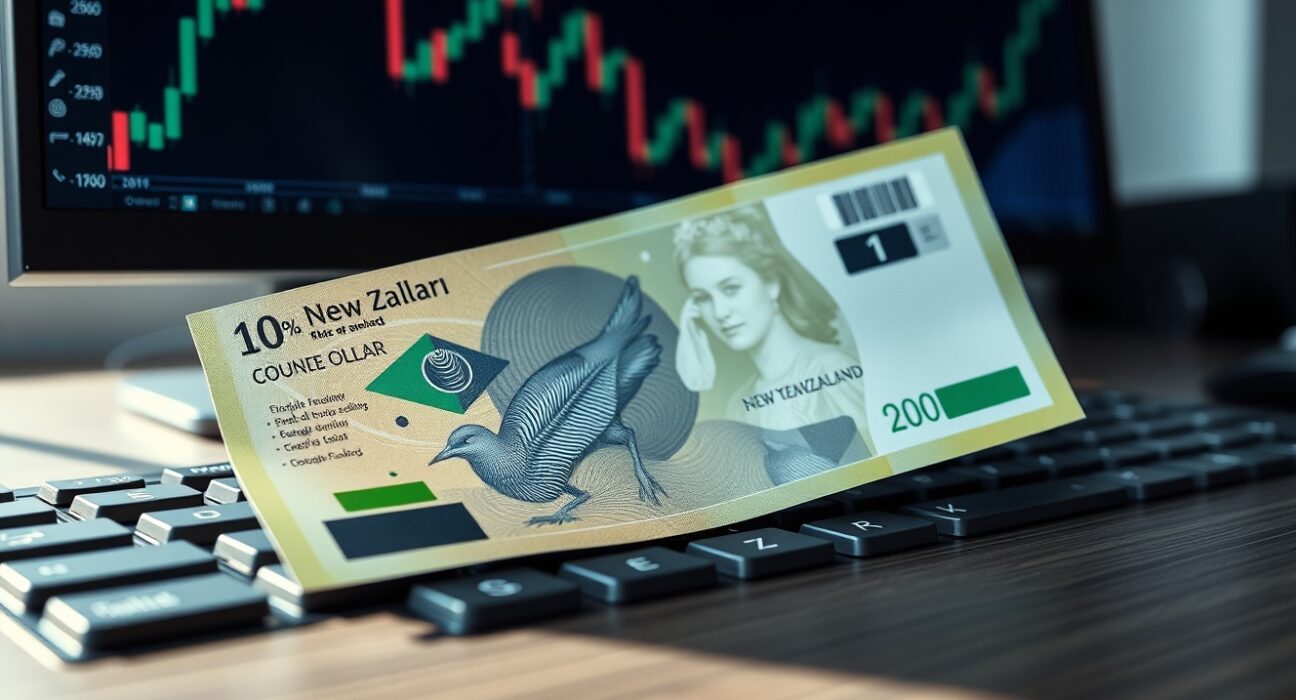 New Zealand Dollar banknote on a trading desk with forex chart in background