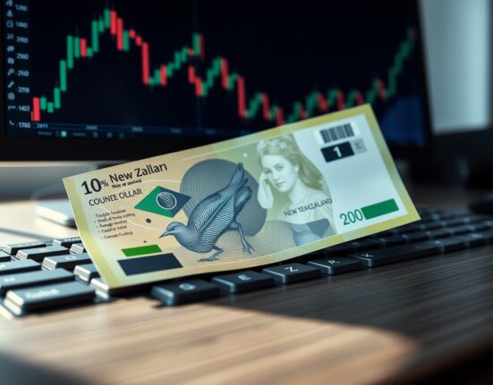 New Zealand Dollar banknote on a trading desk with forex chart in background