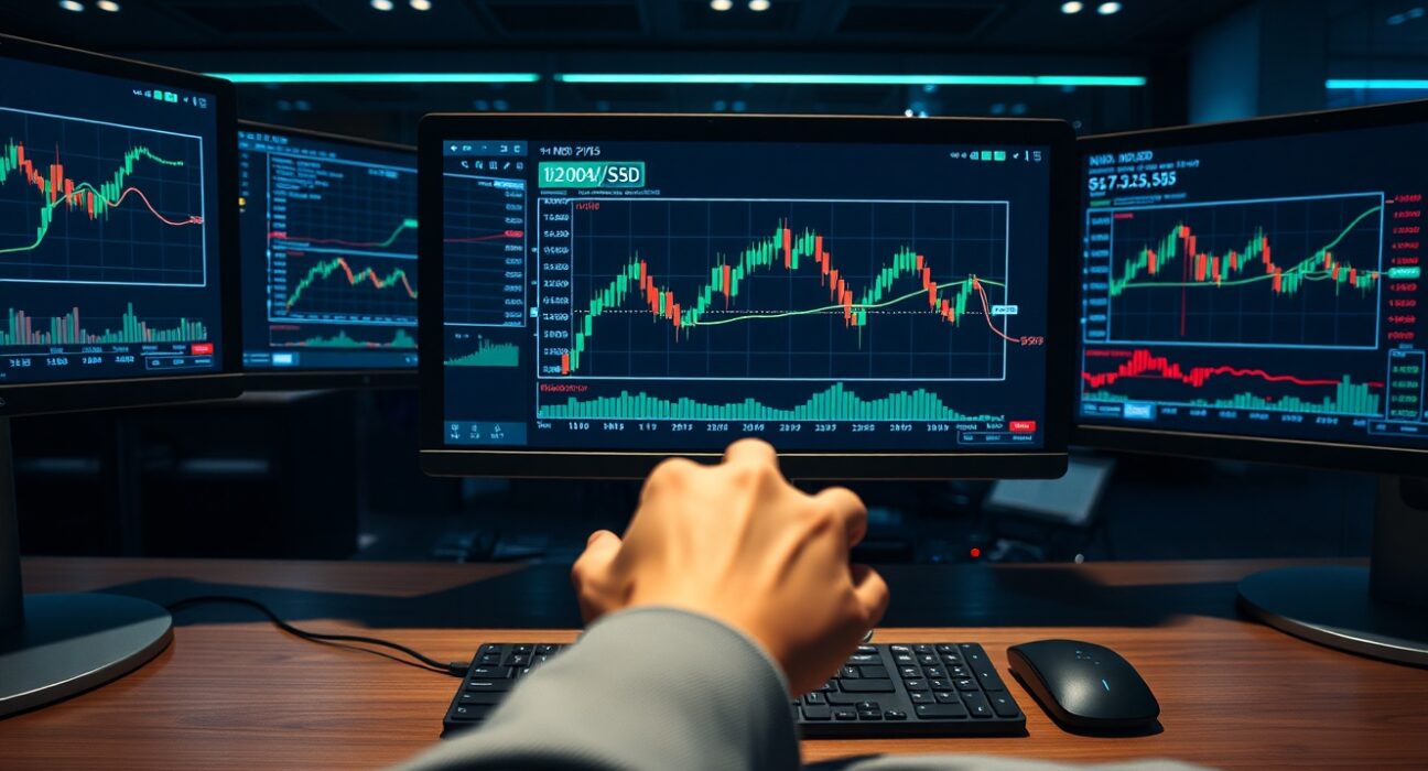 Forex trading monitor displaying NZD/USD currency pair chart on a professional trading desk