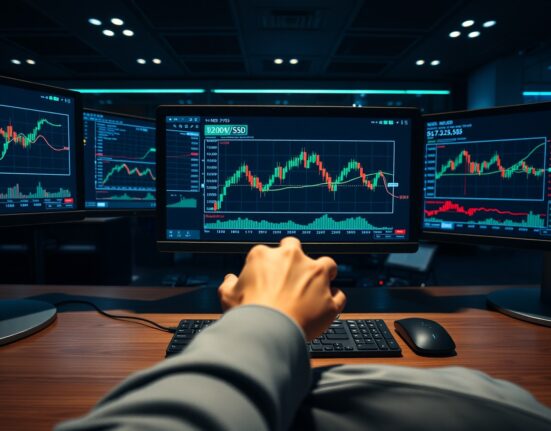 Forex trading monitor displaying NZD/USD currency pair chart on a professional trading desk