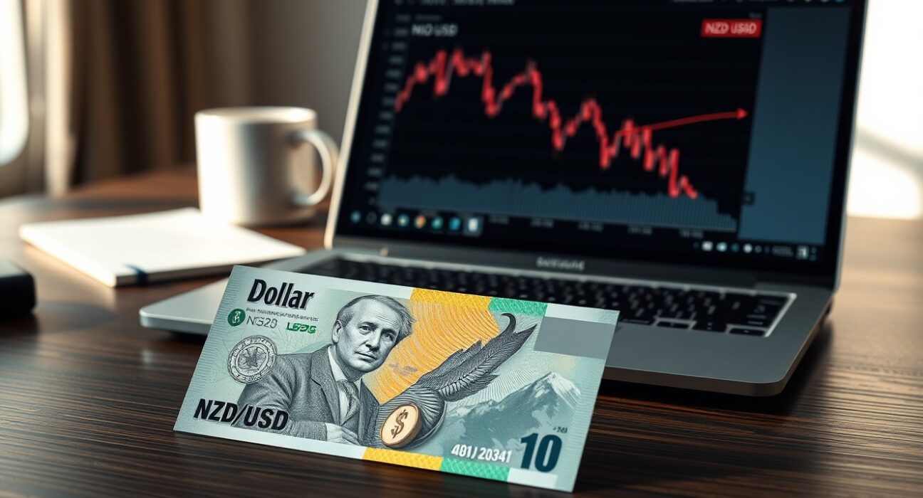 New Zealand Dollar banknote on desk with forex chart on laptop showing downward trend