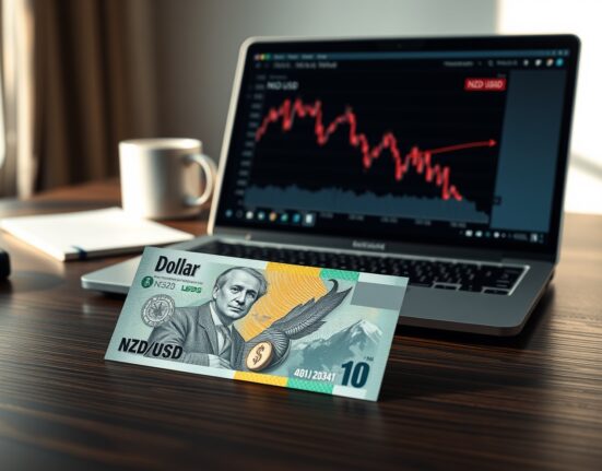 New Zealand Dollar banknote on desk with forex chart on laptop showing downward trend