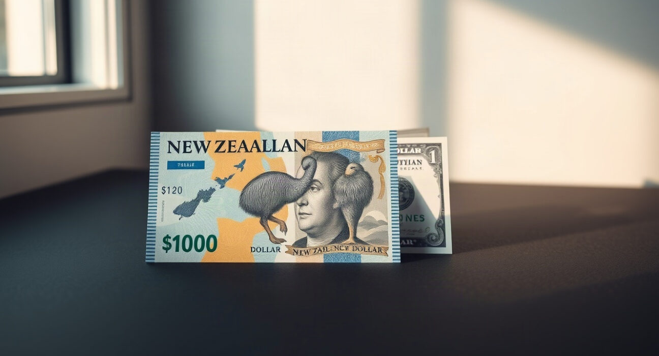 New Zealand and US dollar banknotes side by side on a neutral surface, representing NZD/USD exchange rate analysis.