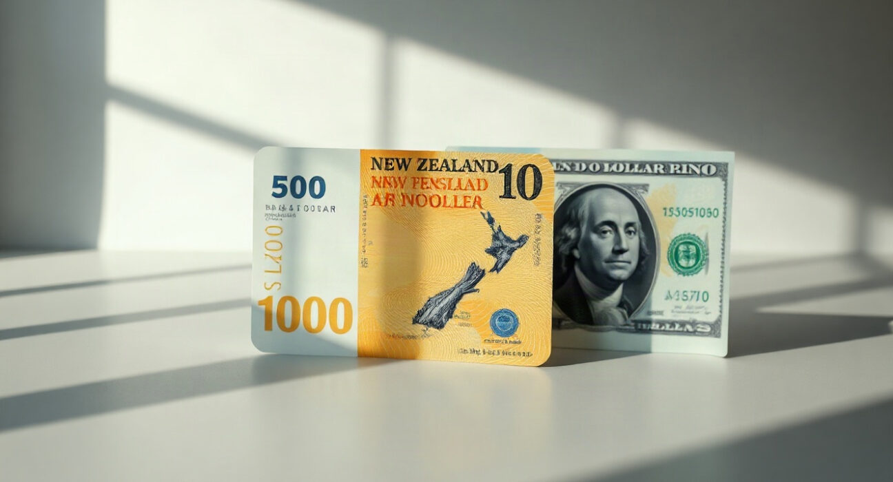 New Zealand dollar and US dollar banknotes side by side on a neutral background