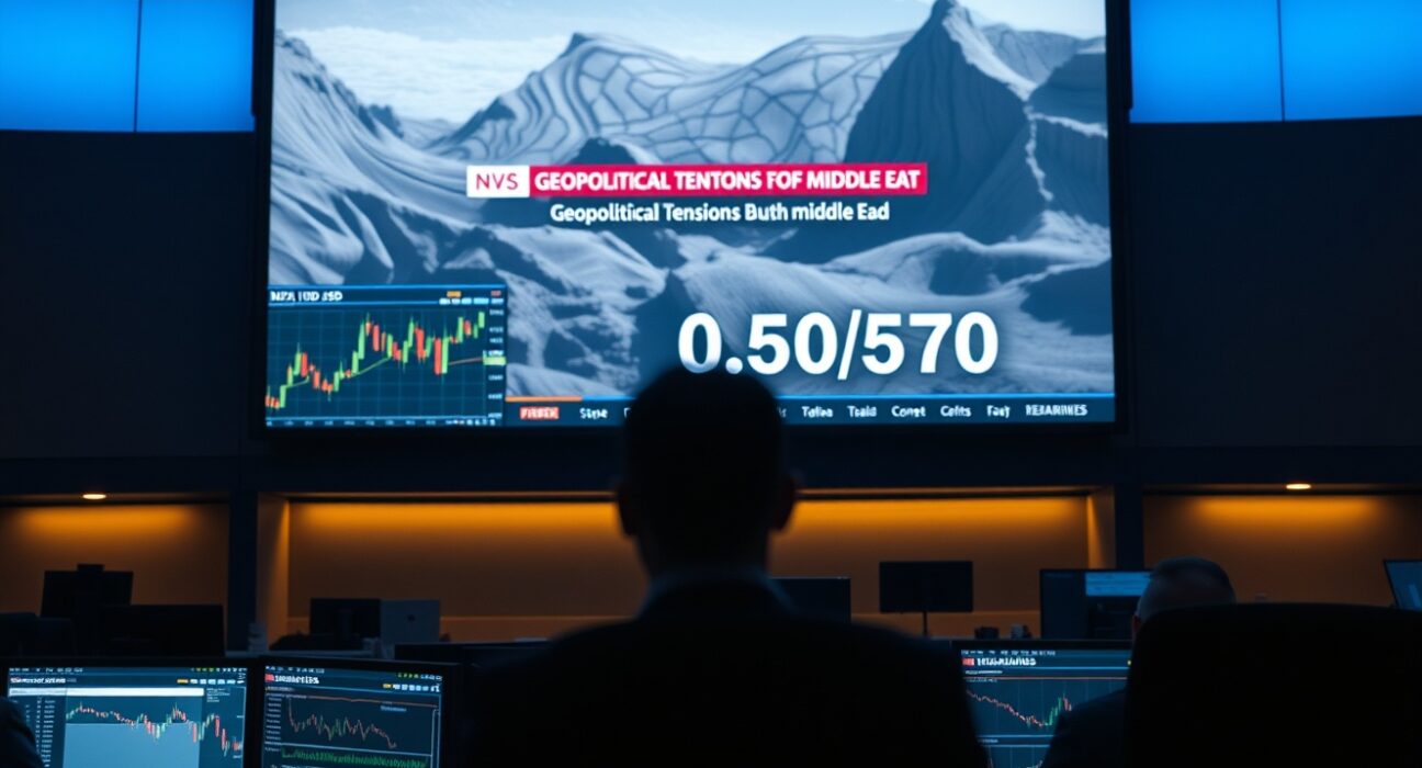 Forex trading desk monitors showing NZD/USD at 0.5750 amid geopolitical tensions