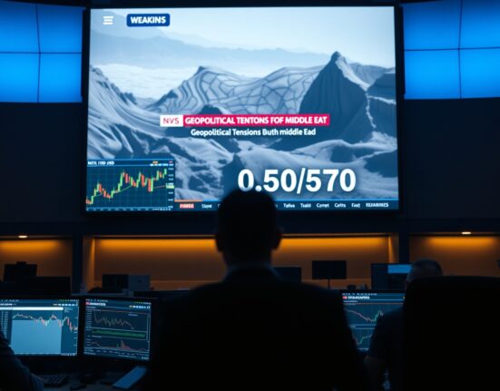 Forex trading desk monitors showing NZD/USD at 0.5750 amid geopolitical tensions