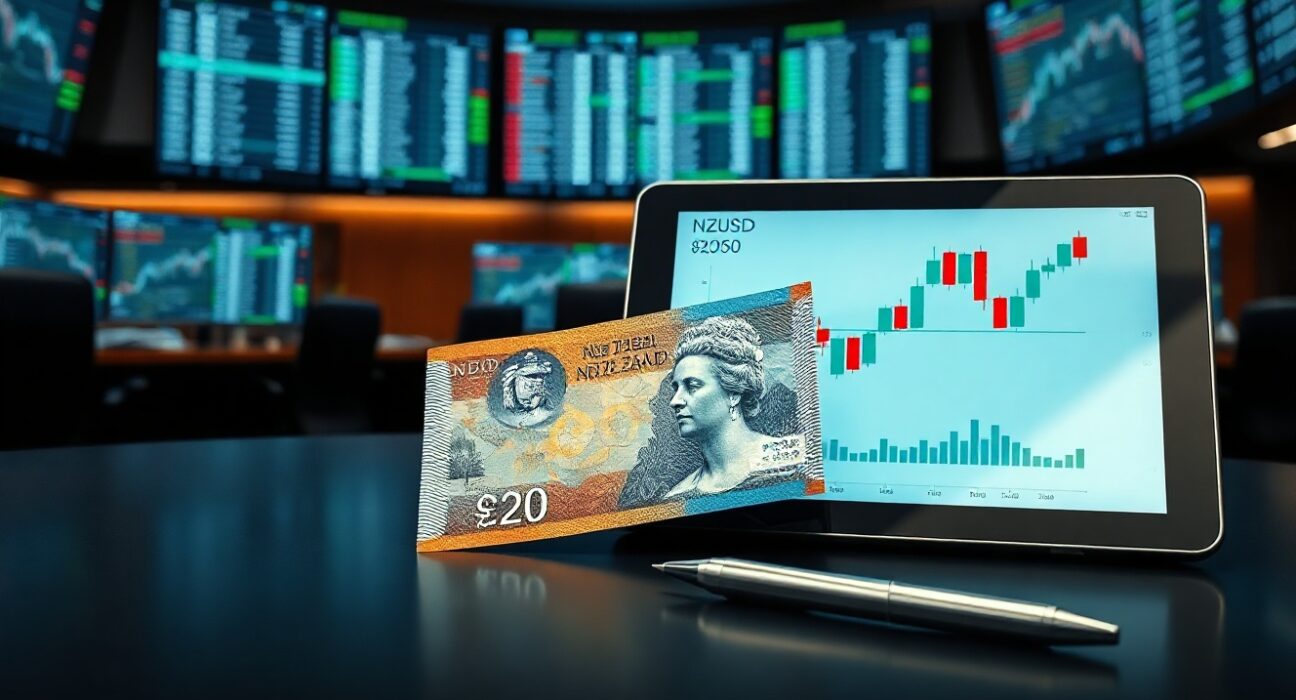 New Zealand Dollar banknote and digital tablet showing NZD/USD chart on a desk