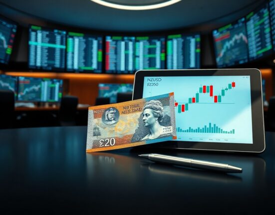 New Zealand Dollar banknote and digital tablet showing NZD/USD chart on a desk