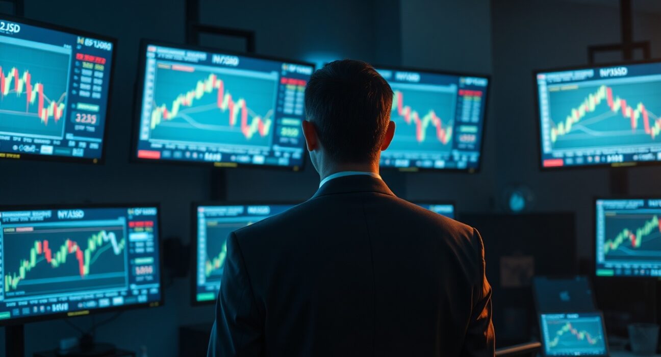Forex trading desk showing NZD/USD charts with trader analyzing market data