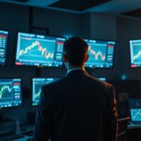 Forex trading desk showing NZD/USD charts with trader analyzing market data