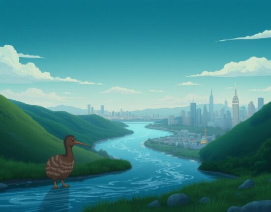 NZD/USD currency pair analysis showing kiwi bird contemplating divided New Zealand and US economic landscapes