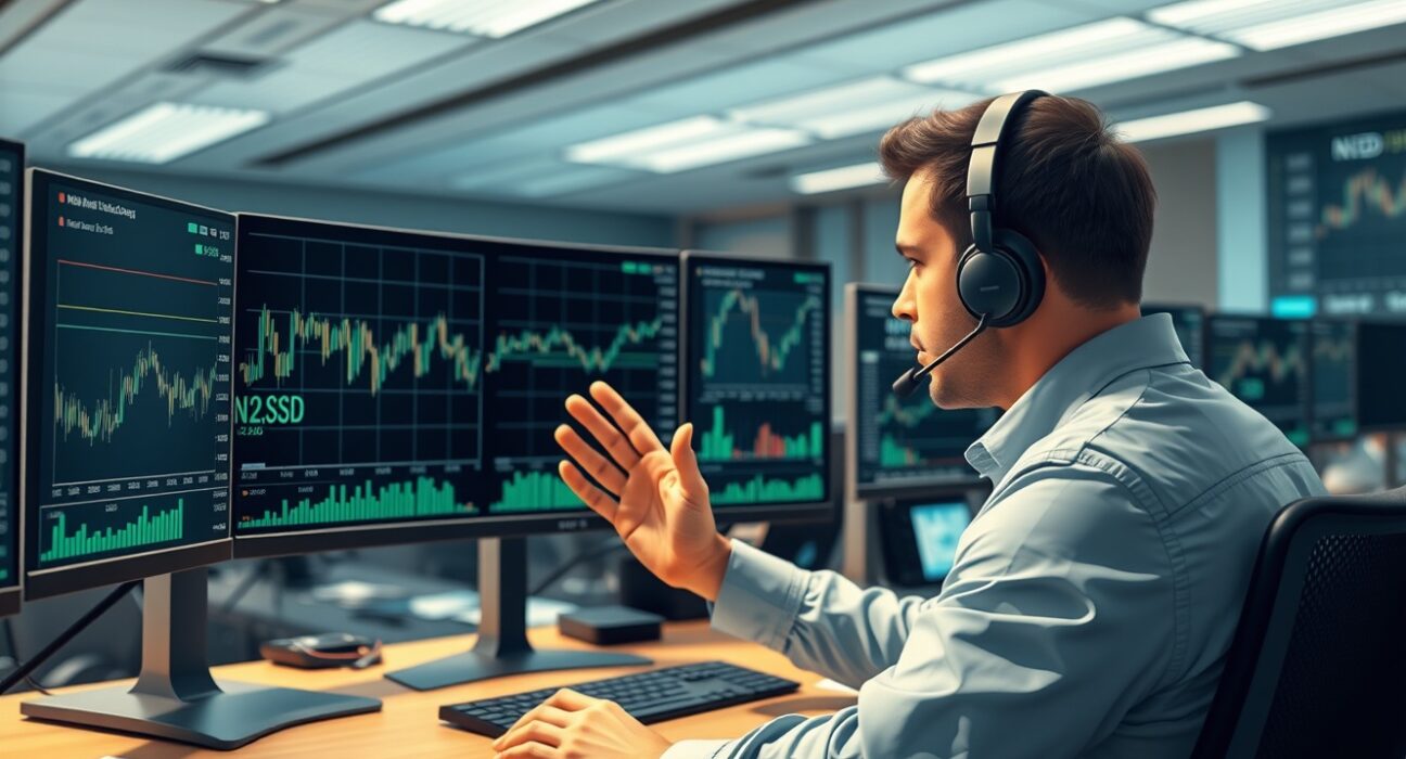 Trader analyzing NZD/USD forex charts showing strong gains amid geopolitical and Federal Reserve developments.