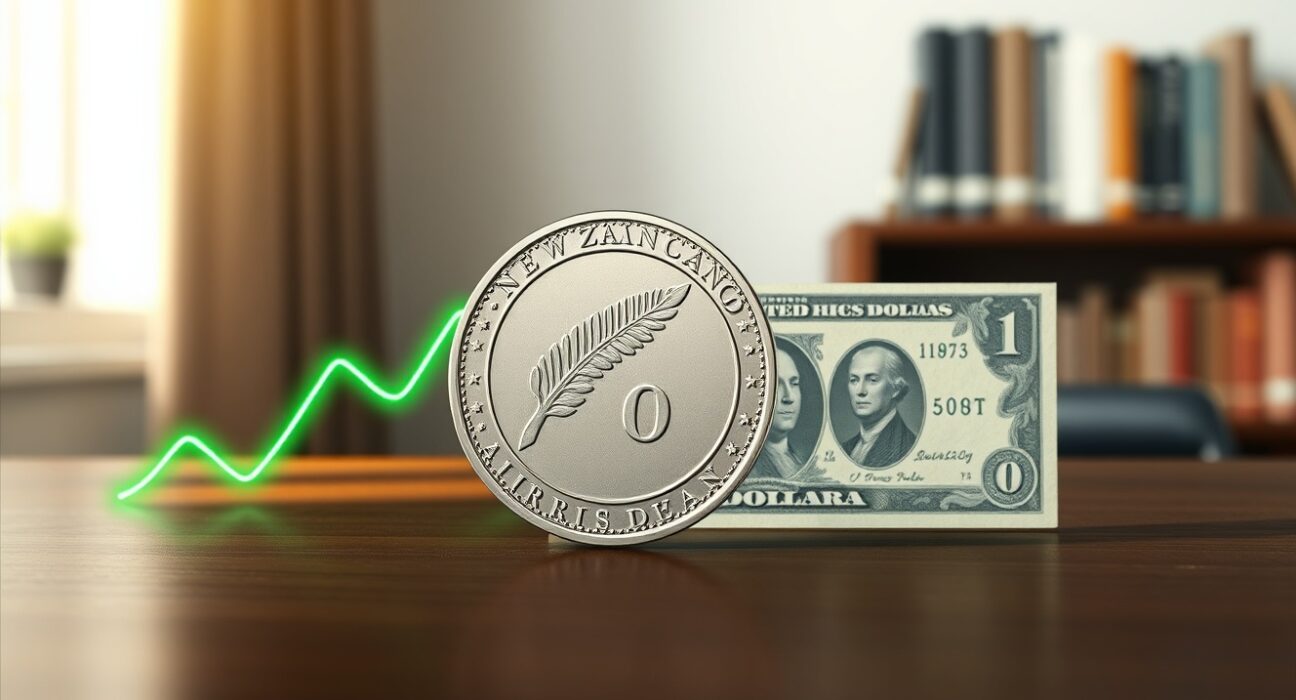 NZD/USD forex chart and currency coins representing the New Zealand dollar and US dollar exchange rate movement.