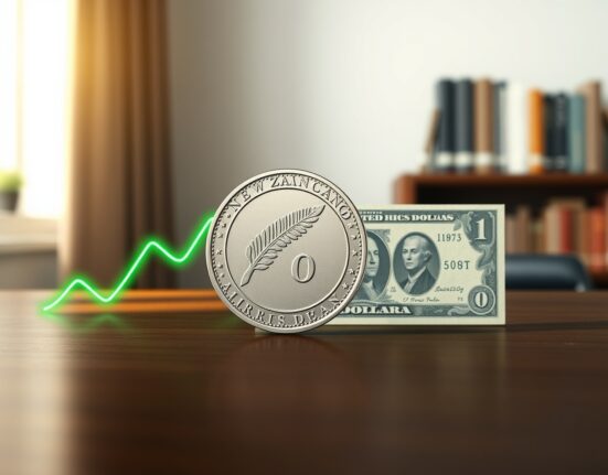 NZD/USD forex chart and currency coins representing the New Zealand dollar and US dollar exchange rate movement.