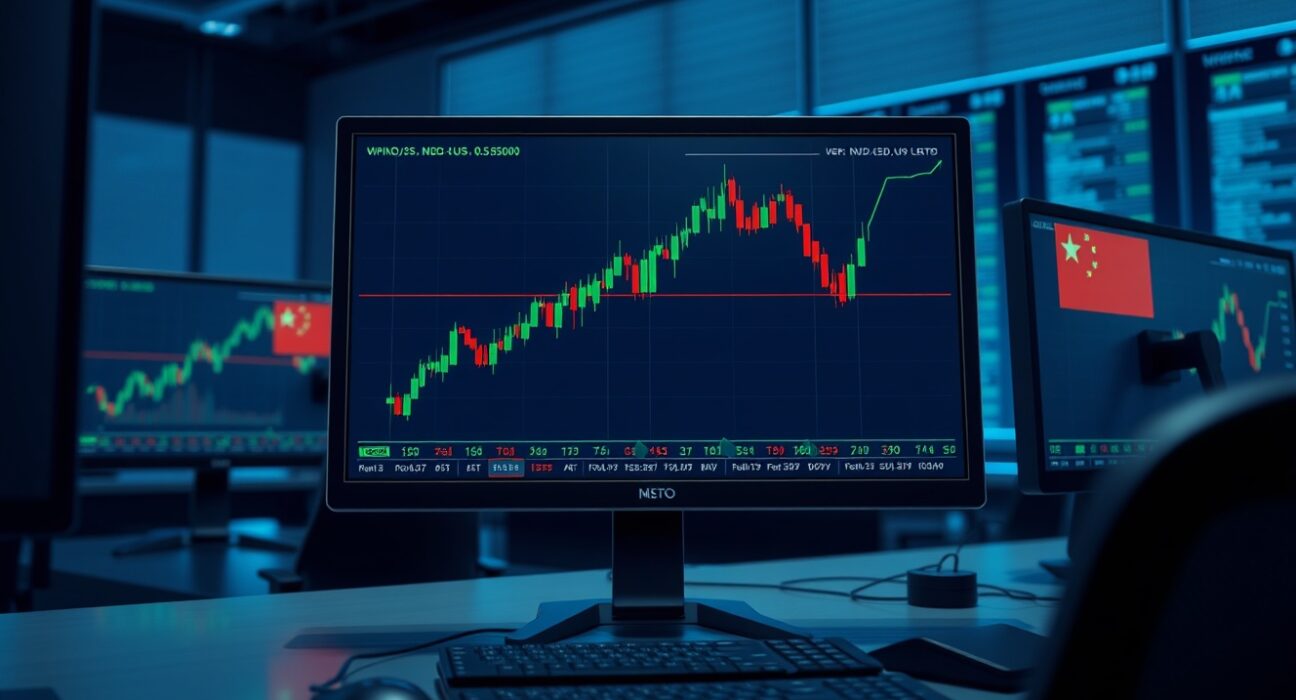 NZD/USD chart showing price rising to 0.5850 level ahead of Chinese PMI data release on trading monitor