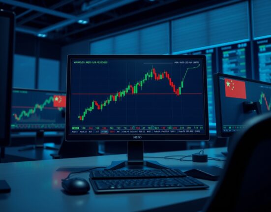 NZD/USD chart showing price rising to 0.5850 level ahead of Chinese PMI data release on trading monitor