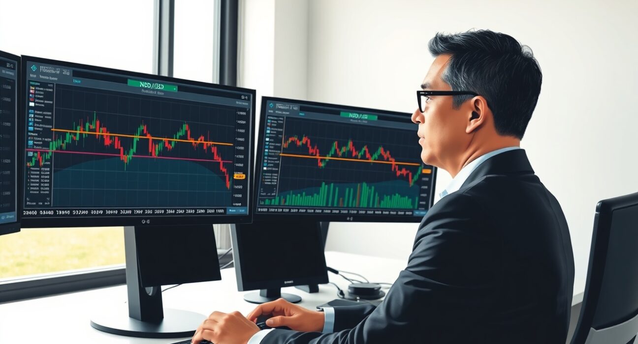 Financial analyst examining NZD/USD forex charts showing critical support at 0.5630 level