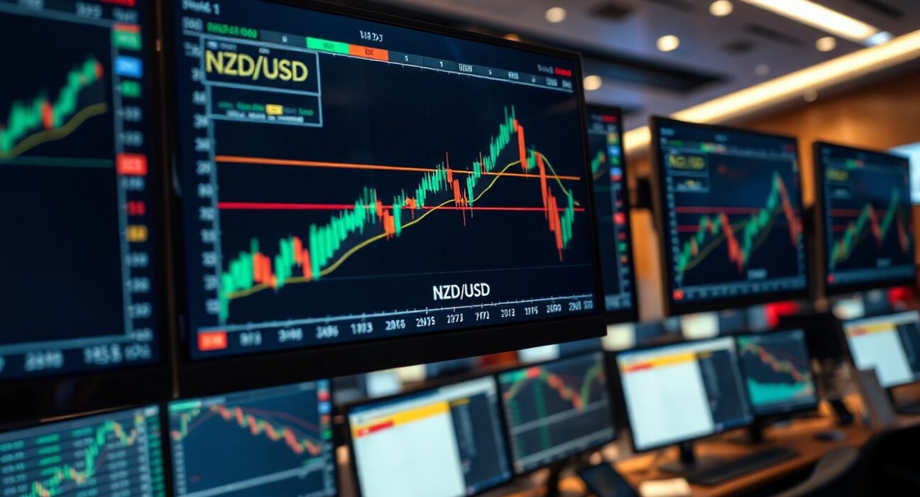 Forex trading monitor showing NZD/USD bullish chart pattern with upward price momentum.