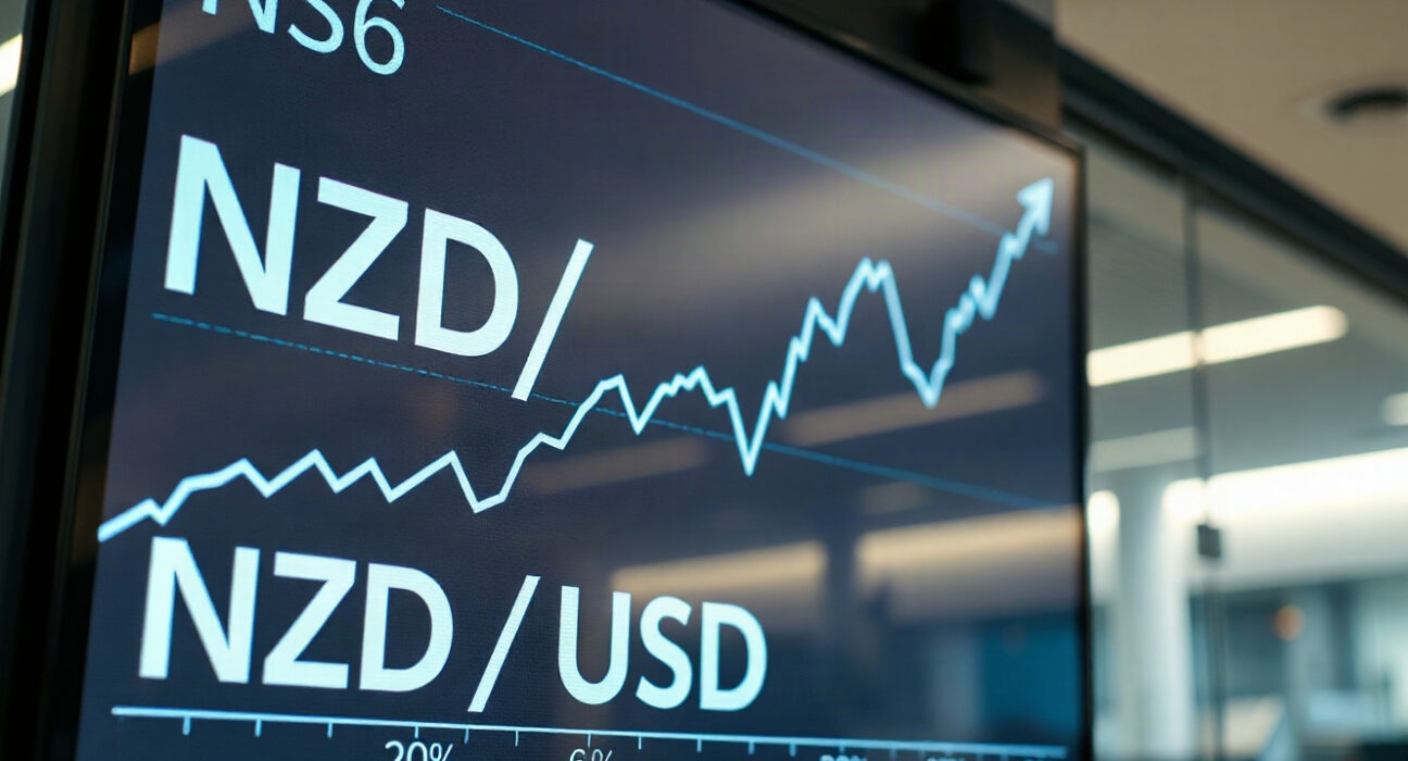 NZD/USD exchange rate chart showing upward movement on a trading screen